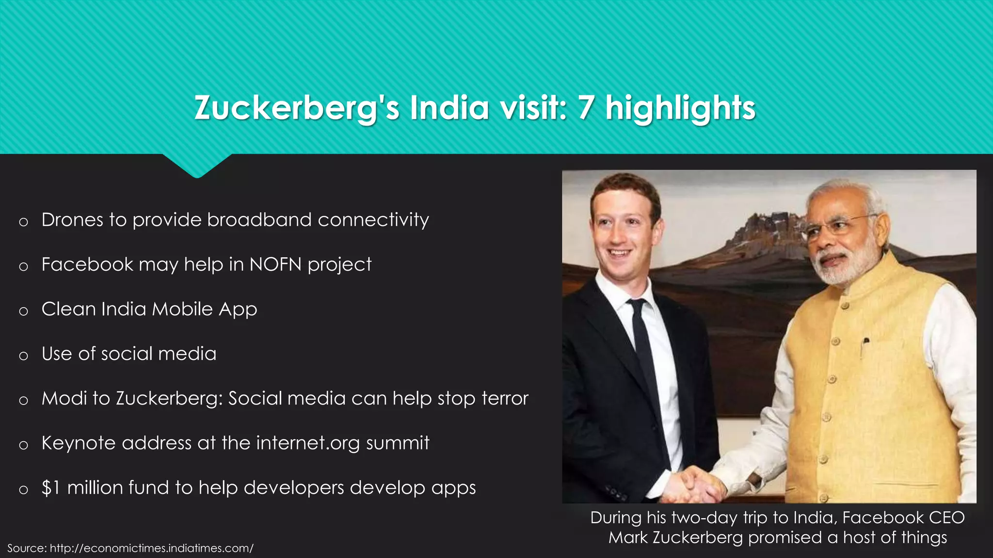 Zuckerberg's India visit: 7 highlights 
During his two-day trip to India, Facebook CEO 
Mark Zuckerberg promised a host of things 
o Drones to provide broadband connectivity 
o Facebook may help in NOFN project 
o Clean India Mobile App 
o Use of social media 
o Modi to Zuckerberg: Social media can help stop terror 
o Keynote address at the internet.org summit 
o $1 million fund to help developers develop apps 
Source: http://economictimes.indiatimes.com/ 
