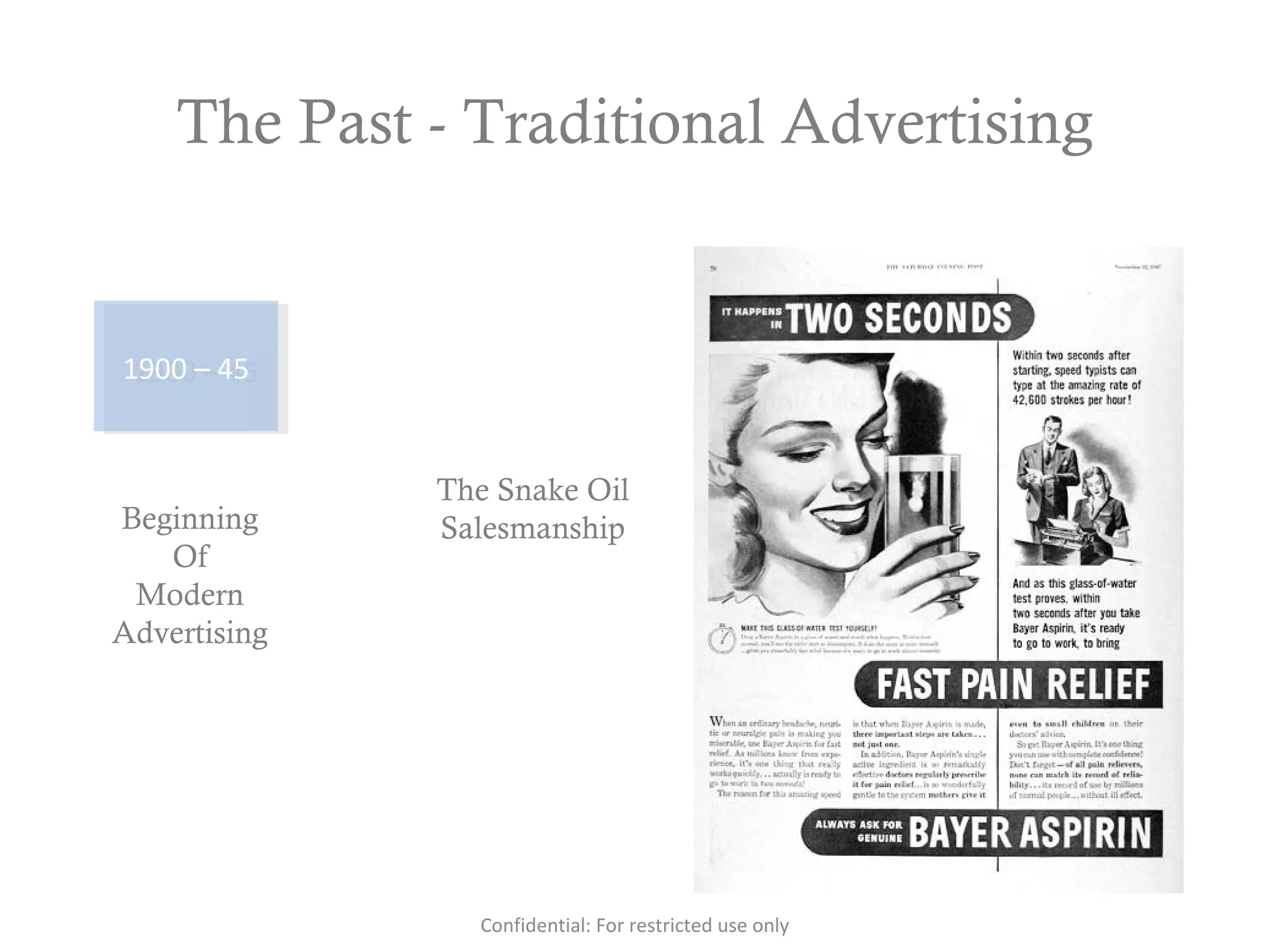 The Past - Traditional Advertising
1900 – 451900 – 45
Beginning
Of
Modern
Advertising
The Snake Oil
Salesmanship
Confidential: For restricted use only
 