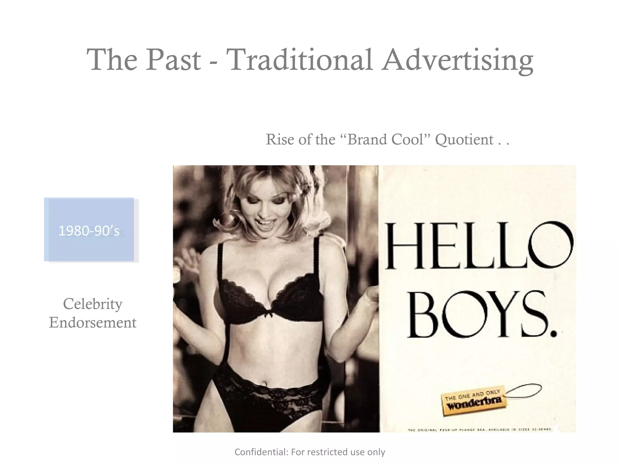 The Past - Traditional Advertising
1980-90’s1980-90’s
Celebrity
Endorsement
Rise of the “Brand Cool” Quotient . .
Confidential: For restricted use only
 
