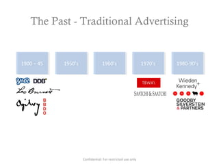 The Past - Traditional Advertising
1900 – 451900 – 45 1950’s1950’s 1960’s1960’s 1970’s1970’s 1980-90’s1980-90’s
Confidential: For restricted use only
 