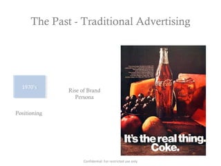 The Past - Traditional Advertising
1970’s1970’s
Positioning
Rise of Brand
Persona
Confidential: For restricted use only
 