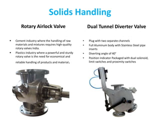 Solids Handling
Rotary Airlock Valve
 Cement industry where the handling of raw
materials and mixtures requires high-quality
rotary valves India.
 Plastics industry where a powerful and sturdy
rotary valve is the need for economical and
reliable handling of products and material.
Dual Tunnel Diverter Valve
• Plug with two separate channels
• Full Aluminum body with Stainless Steel pipe
inserts
• Diverting angle of 40°
• Position indicator Packaged with dual solenoid,
limit switches and proximity switches
 
