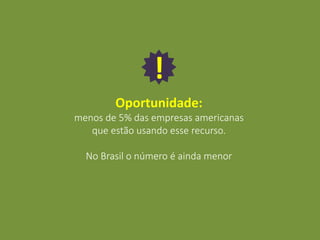 Oportunidade:
menos de 5% das empresas americanas
que estão usando esse recurso.
No Brasil o número é ainda menor
!
 