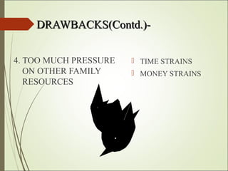 DRAWBACKS(Contd.)-DRAWBACKS(Contd.)-
4. TOO MUCH PRESSURE
ON OTHER FAMILY
RESOURCES
 TIME STRAINS
 MONEY STRAINS
 