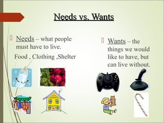 Needs vs. WantsNeeds vs. Wants
 Needs – what people
must have to live.
Food , Clothing ,Shelter
 Wants – the
things we would
like to have, but
can live without.
 