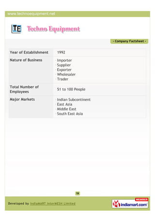 - Company Factsheet -


Year of Establishment   1992

Nature of Business      Importer
                        Supplier
                        Exporter
                        Wholesaler
                        Trader

Total Number of
                        51 to 100 People
Employees

Major Markets           Indian Subcontinent
                        East Asia
                        Middle East
                        South East Asia
 