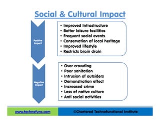 Social & Cultural Impact
©Chartered Technofunctional Institutewww.technofunc.com
Positive
Impact
• Improved Infrastructure
• Better leisure facilities
• Frequent social events
• Conservation of local heritage
• Improved lifestyle
• Restricts brain drain
Negative
Impact
• Over crowding
• Poor sanitation
• Intrusion of outsiders
• Demonstration effect
• Increased crime
• Loss of native culture
• Anti social activities
 