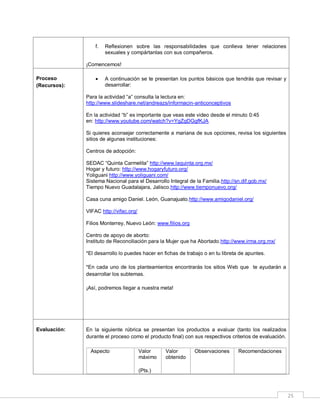 f.

Reflexionen sobre las responsabilidades que conlleva tener relaciones
sexuales y compártanlas con sus compañeros.

¡Comencemos!
Proceso
(Recursos):



A continuación se te presentan los puntos básicos que tendrás que revisar y
desarrollar:

Para la actividad “a” consulta la lectura en:
http://www.slideshare.net/andreazs/informacin-anticonceptivos
En la actividad “b” es importante que veas este video desde el minuto 0:45
en: http://www.youtube.com/watch?v=YgZgDGgfKJA
Si quieres aconsejar correctamente a mariana de sus opciones, revisa los siguientes
sitios de algunas instituciones:
Centros de adopción:
SEDAC “Quinta Carmelita” http://www.laquinta.org.mx/
Hogar y futuro: http://www.hogaryfuturo.org/
Yoliguani http://www.yoliguani.com/
Sistema Nacional para el Desarrollo Integral de la Familia.http://sn.dif.gob.mx/
Tiempo Nuevo Guadalajara, Jalisco.http://www.tiemponuevo.org/
Casa cuna amigo Daniel. León, Guanajuato.http://www.amigodaniel.org/
VIFAC http://vifac.org/
Filios Monterrey, Nuevo León: www.filios.org
Centro de apoyo de aborto:
Instituto de Reconciliación para la Mujer que ha Abortado.http://www.irma.org.mx/
*El desarrollo lo puedes hacer en fichas de trabajo o en tu libreta de apuntes.
*En cada uno de los planteamientos encontrarás los sitios Web que te ayudarán a
desarrollar los subtemas.
¡Así, podremos llegar a nuestra meta!

Evaluación:

En la siguiente rúbrica se presentan los productos a evaluar (tanto los realizados
durante el proceso como el producto final) con sus respectivos criterios de evaluación.
Aspecto

Valor
máximo

Valor
obtenido

Observaciones

Recomendaciones

(Pts.)

25

 