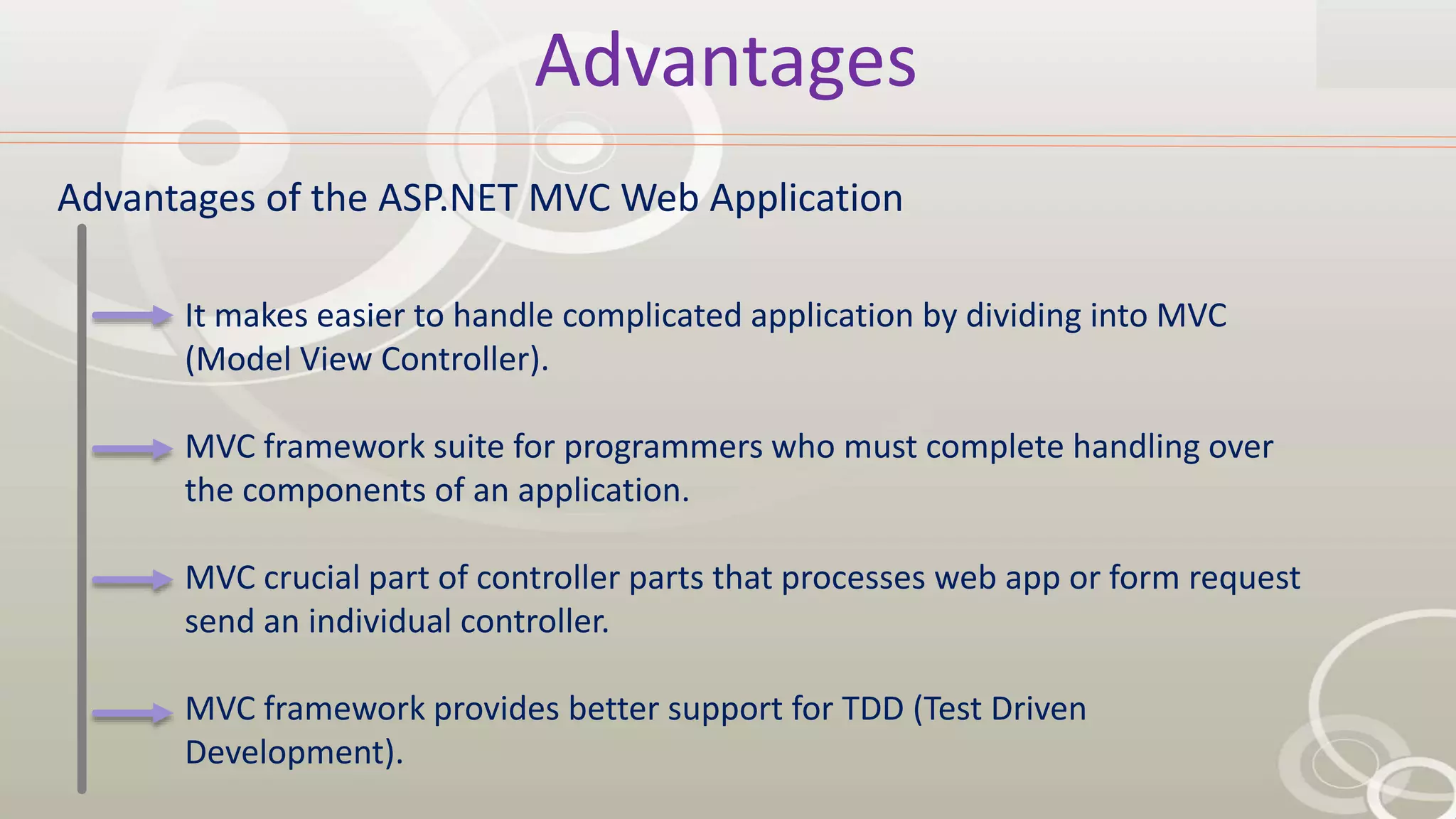 Advantages
Advantages of the ASP.NET MVC Web Application
It makes easier to handle complicated application by dividing into MVC
(Model View Controller).
MVC framework suite for programmers who must complete handling over
the components of an application.
MVC crucial part of controller parts that processes web app or form request
send an individual controller.
MVC framework provides better support for TDD (Test Driven
Development).
 