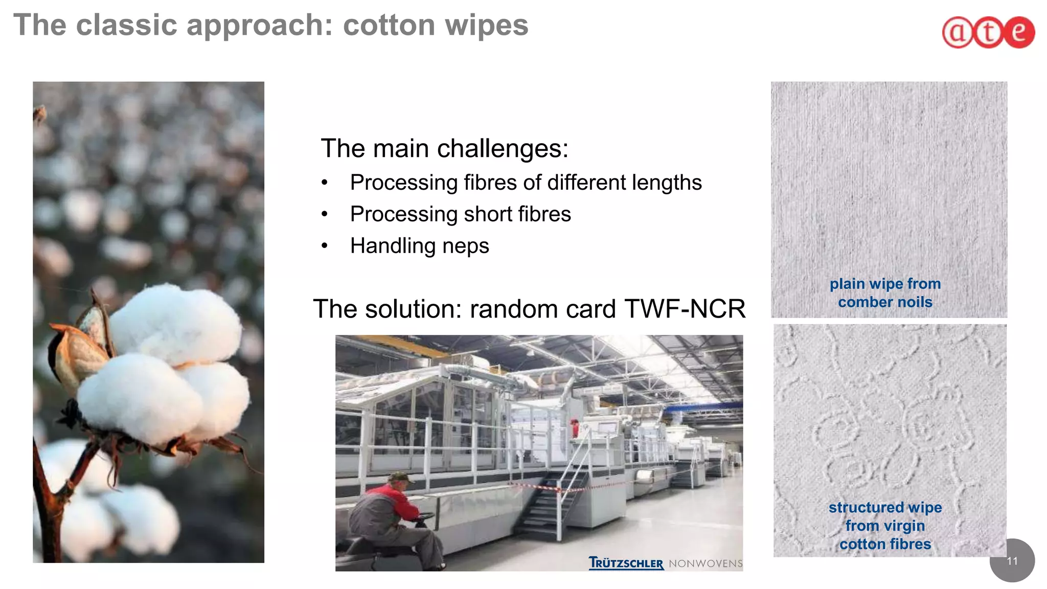11
The classic approach: cotton wipes
The main challenges:
• Processing fibres of different lengths
• Processing short fibres
• Handling neps
plain wipe from
comber noils
structured wipe
from virgin
cotton fibres
The solution: random card TWF-NCR
 