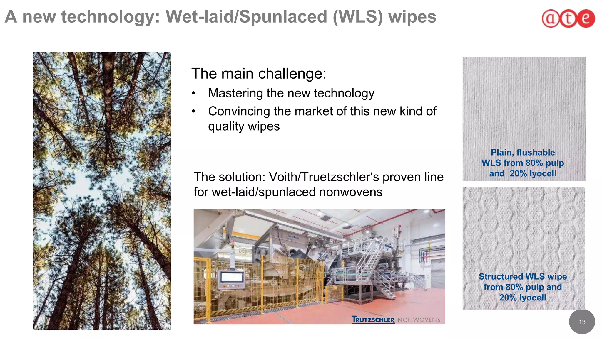13
A new technology: Wet-laid/Spunlaced (WLS) wipes
The main challenge:
• Mastering the new technology
• Convincing the market of this new kind of
quality wipes
The solution: Voith/Truetzschler‘s proven line
for wet-laid/spunlaced nonwovens
Plain, flushable
WLS from 80% pulp
and 20% lyocell
Structured WLS wipe
from 80% pulp and
20% lyocell
 