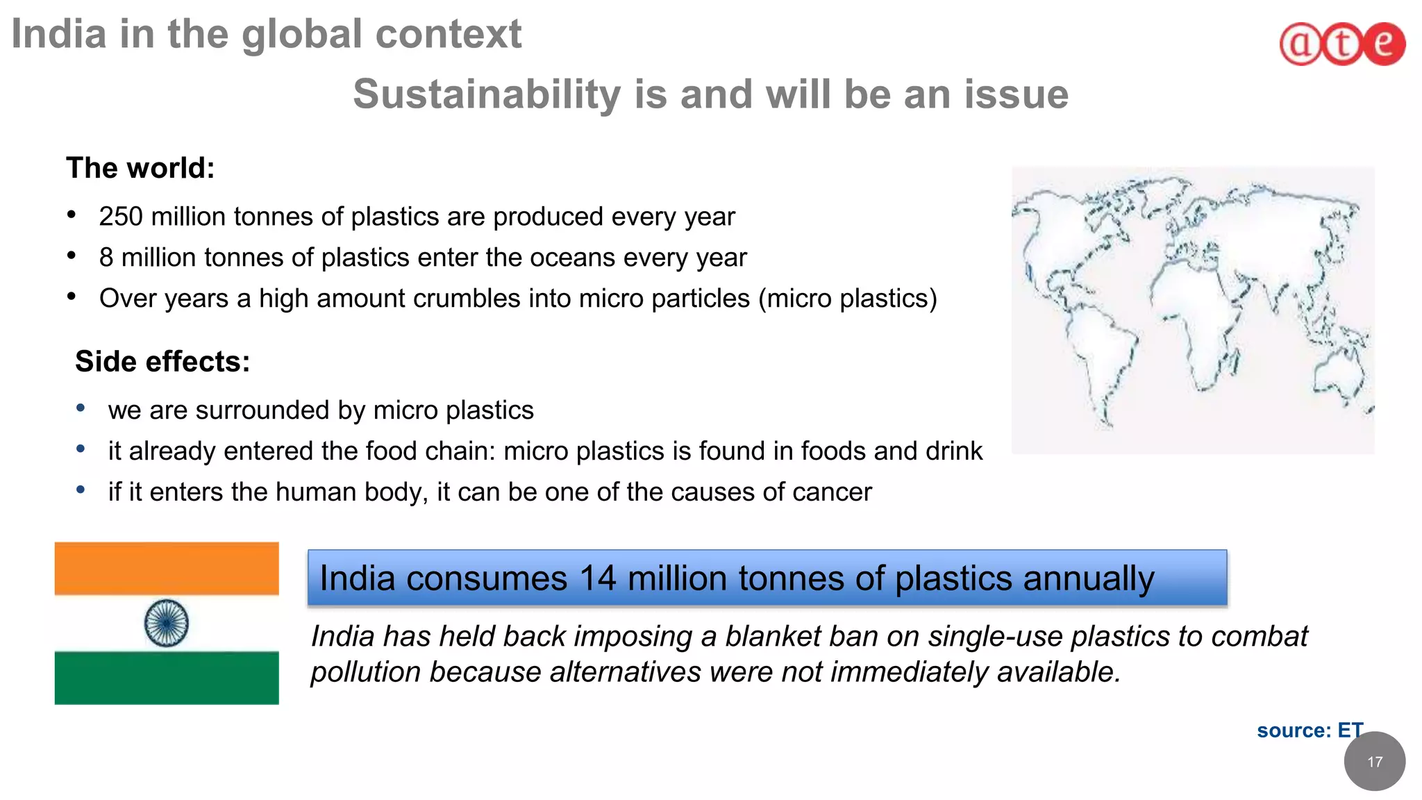17
India in the global context
Sustainability is and will be an issue
India has held back imposing a blanket ban on single-use plastics to combat
pollution because alternatives were not immediately available.
India consumes 14 million tonnes of plastics annually
Side effects:
• we are surrounded by micro plastics
• it already entered the food chain: micro plastics is found in foods and drink
• if it enters the human body, it can be one of the causes of cancer
The world:
• 250 million tonnes of plastics are produced every year
• 8 million tonnes of plastics enter the oceans every year
• Over years a high amount crumbles into micro particles (micro plastics)
source: ET
 