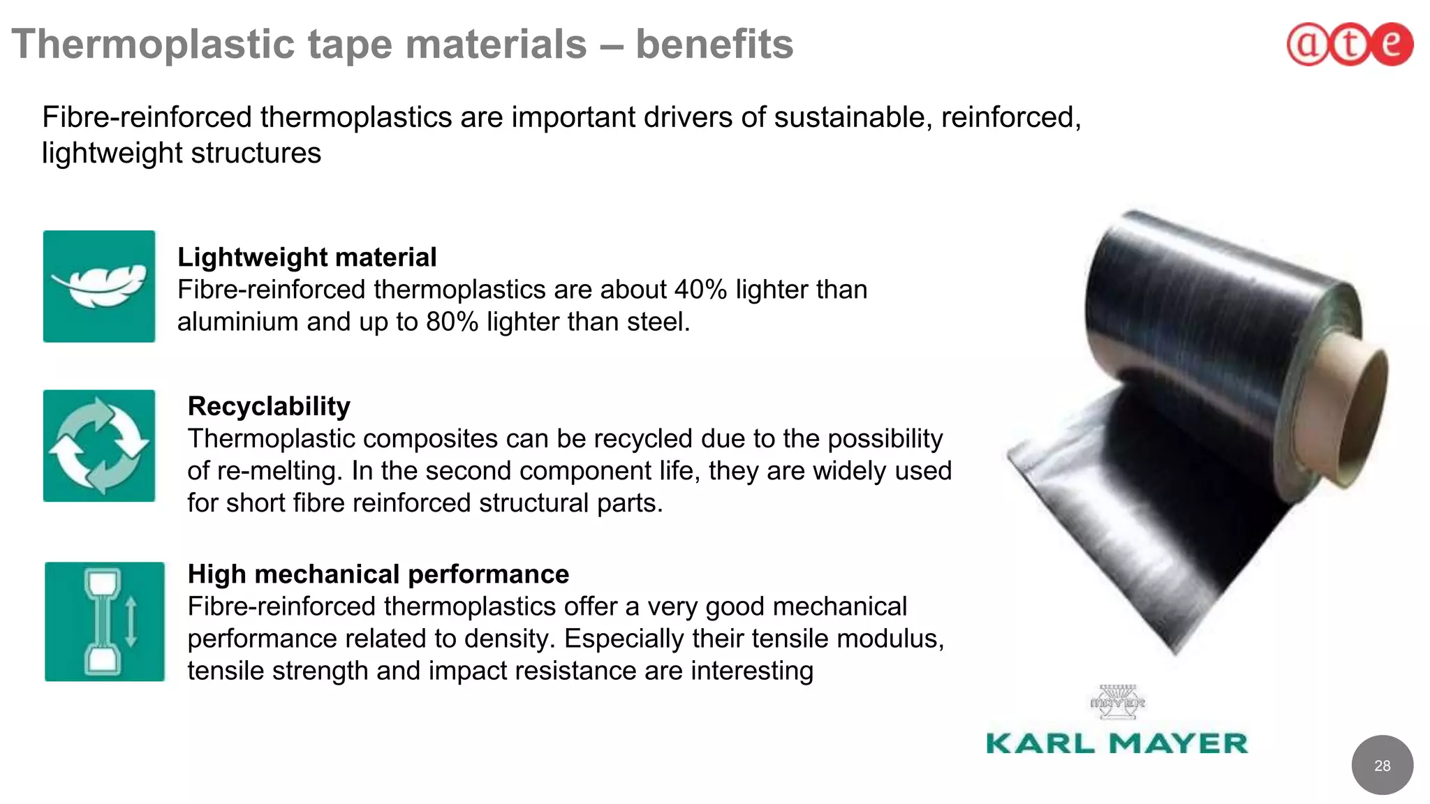 28
Thermoplastic tape materials – benefits
Fibre-reinforced thermoplastics are important drivers of sustainable, reinforced,
lightweight structures
Lightweight material
Fibre-reinforced thermoplastics are about 40% lighter than
aluminium and up to 80% lighter than steel.
Recyclability
Thermoplastic composites can be recycled due to the possibility
of re-melting. In the second component life, they are widely used
for short fibre reinforced structural parts.
High mechanical performance
Fibre-reinforced thermoplastics offer a very good mechanical
performance related to density. Especially their tensile modulus,
tensile strength and impact resistance are interesting
 