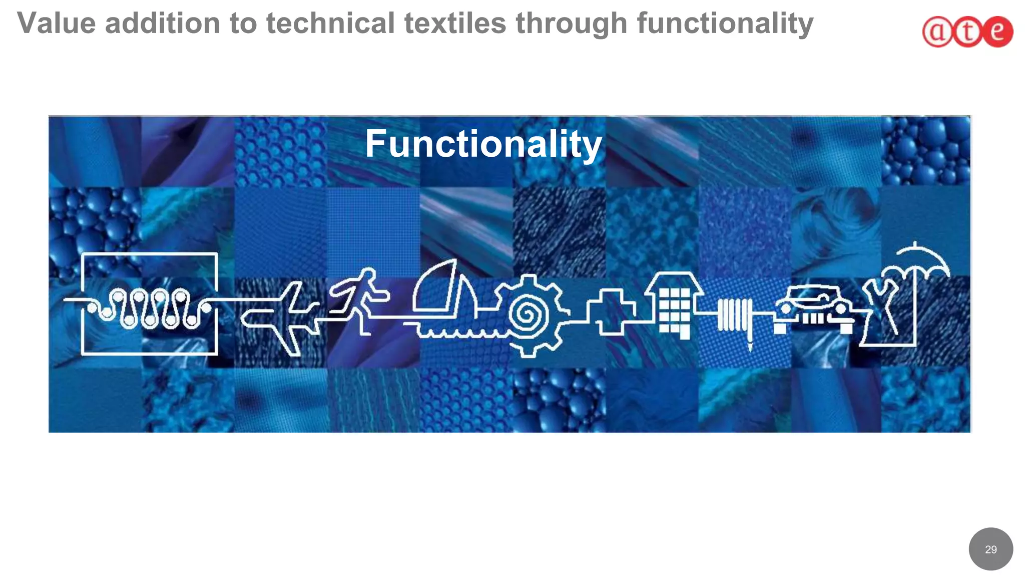 29
Value addition to technical textiles through functionality
Functionality
 