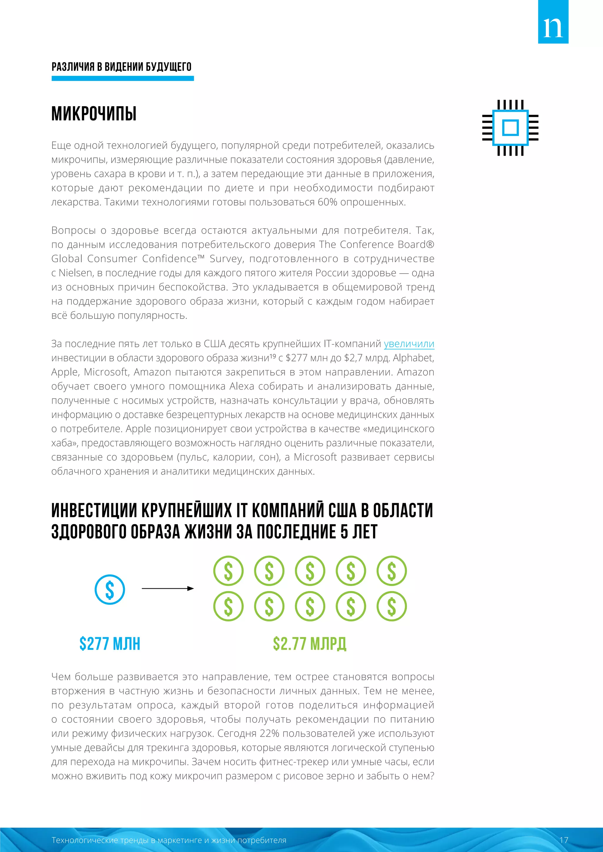 Различия в видении будущего
17Технологические тренды в маркетинге и жизни потребителя
Микрочипы
Еще одной технологией будущего, популярной среди потребителей, оказались
микрочипы, измеряющие различные показатели состояния здоровья (давление,
уровень сахара в крови и т. п.), а затем передающие эти данные в приложения,
которые дают рекомендации по диете и при необходимости подбирают
лекарства. Такими технологиями готовы пользоваться 60% опрошенных.
Вопросы о здоровье всегда остаются актуальными для потребителя. Так,
по данным исследования потребительского доверия The Conference Board®
Global Consumer Confidence™ Survey, подготовленного в сотрудничестве
с Nielsen, в последние годы для каждого пятого жителя России здоровье — одна
из основных причин беспокойства. Это укладывается в общемировой тренд
на поддержание здорового образа жизни, который с каждым годом набирает
всё большую популярность.
За последние пять лет только в США десять крупнейших IT-компаний увеличили
инвестиции в области здорового образа жизни¹⁹ с $277 млн до $2,7 млрд. Alphabet,
Apple, Microsoft, Amazon пытаются закрепиться в этом направлении. Amazon
обучает своего умного помощника Alexa собирать и анализировать данные,
полученные с носимых устройств, назначать консультации у врача, обновлять
информацию о доставке безрецептурных лекарств на основе медицинских данных
о потребителе. Apple позиционирует свои устройства в качестве «медицинского
хаба», предоставляющего возможность наглядно оценить различные показатели,
связанные со здоровьем (пульс, калории, сон), а Microsoft развивает сервисы
облачного хранения и аналитики медицинских данных.
инвестиции крупнейших IT компаний США в области
здорового образа жизни за последние 5 лет
Чем больше развивается это направление, тем острее становятся вопросы
вторжения в частную жизнь и безопасности личных данных. Тем не менее,
по результатам опроса, каждый второй готов поделиться информацией
о состоянии своего здоровья, чтобы получать рекомендации по питанию
или режиму физических нагрузок. Сегодня 22% пользователей уже используют
умные девайсы для трекинга здоровья, которые являются логической ступенью
для перехода на микрочипы. Зачем носить фитнес-трекер или умные часы, если
можно вживить под кожу микрочип размером с рисовое зерно и забыть о нем?
$277 млн $2.77 млрд
$
$
$
$
$
$
$
$
$
$
$
 
