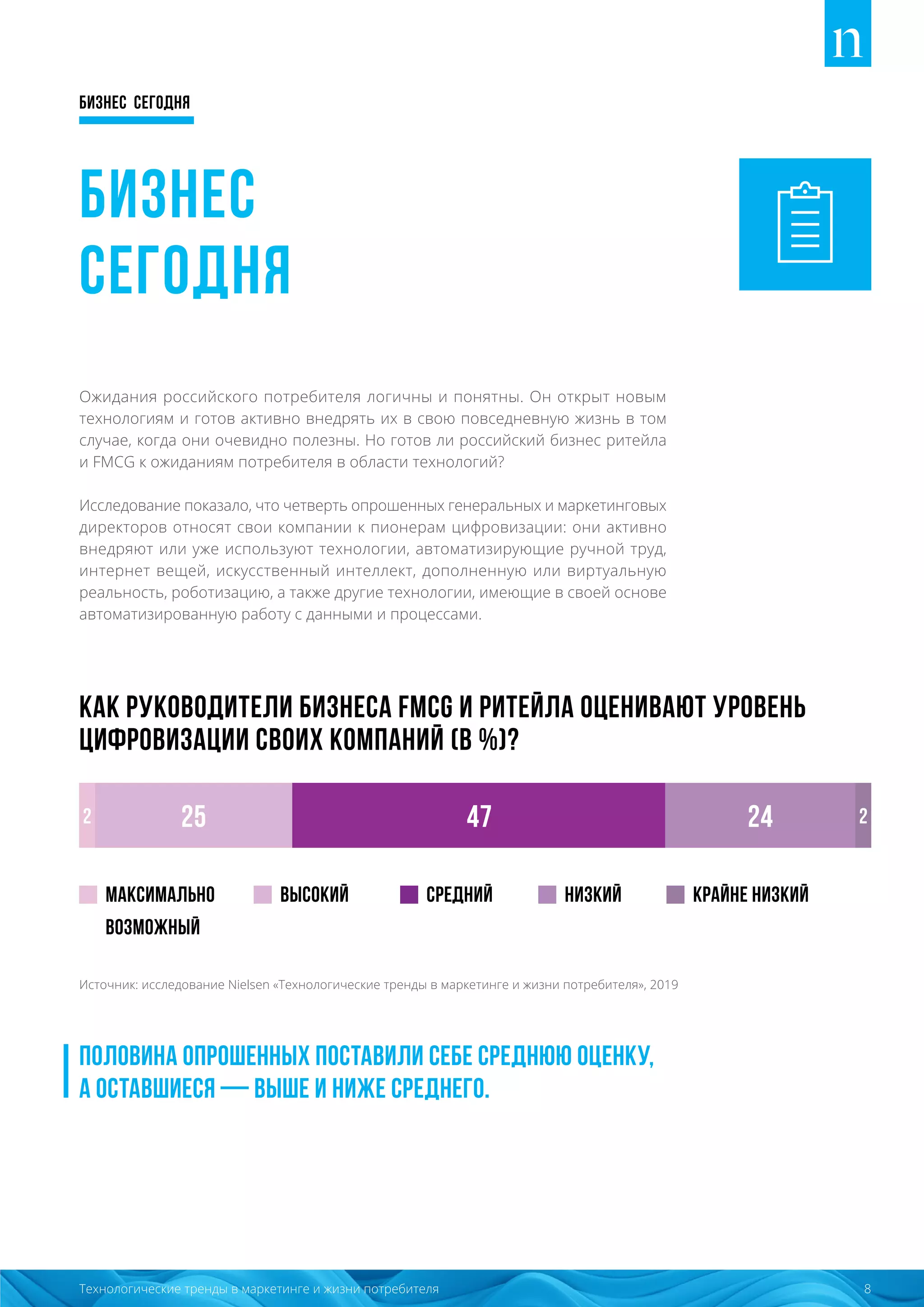 Бизнес сегодня
8Технологические тренды в маркетинге и жизни потребителя
Бизнес
сегодня
Ожидания российского потребителя логичны и понятны. Он открыт новым
технологиям и готов активно внедрять их в свою повседневную жизнь в том
случае, когда они очевидно полезны. Но готов ли российский бизнес ритейла
и FMCG к ожиданиям потребителя в области технологий?
Исследование показало, что четверть опрошенных генеральных и маркетинговых
директоров относят свои компании к пионерам цифровизации: они активно
внедряют или уже используют технологии, автоматизирующие ручной труд,
интернет вещей, искусственный интеллект, дополненную или виртуальную
реальность, роботизацию, а также другие технологии, имеющие в своей основе
автоматизированную работу с данными и процессами.
КАК РУКОВОДИТЕЛИ БИЗНЕСА FMCG И РИТЕЙЛА ОЦЕНИВАЮТ УРОВЕНЬ
ЦИФРОВИЗАЦИИ СВОИХ КОМПАНИЙ (в %)?
Источник: исследование Nielsen «Технологические тренды в маркетинге и жизни потребителя», 2019
Половина опрошенных поставили себе среднюю оценку,
а оставшиеся — выше и ниже среднего.
максимально
возможный
крайне низкийнизкийВысокий средний
2 25 47 24 2
 
