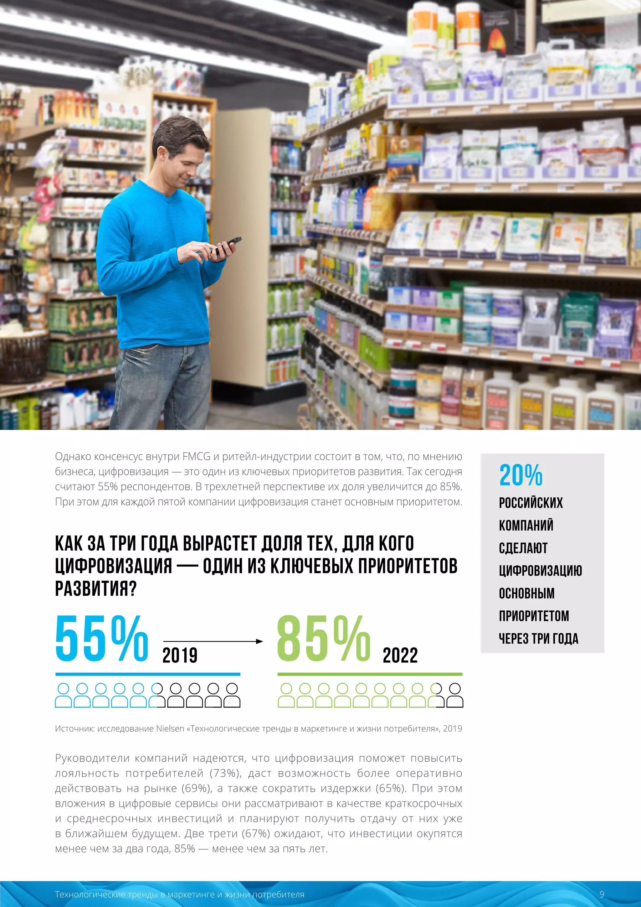 Бизнес сегодня
9Технологические тренды в маркетинге и жизни потребителя
Однако консенсус внутри FMCG и ритейл-индустрии состоит в том, что, по мнению
бизнеса, цифровизация — это один из ключевых приоритетов развития. Так сегодня
считают 55% респондентов. В трехлетней перспективе их доля увеличится до 85%.
При этом для каждой пятой компании цифровизация станет основным приоритетом.
КАК ЗА ТРИ ГОДА ВЫРАСТЕТ ДОЛЯ ТЕХ, ДЛЯ КОГО
ЦИФРОВИЗАЦИЯ — ОДИН ИЗ КЛЮЧЕВЫХ ПРИОРИТЕТОВ
РАЗВИТИЯ?
Источник: исследование Nielsen «Технологические тренды в маркетинге и жизни потребителя», 2019
Руководители компаний надеются, что цифровизация поможет повысить
лояльность потребителей (73%), даст возможность более оперативно
действовать на рынке (69%), а также сократить издержки (65%). При этом
вложения в цифровые сервисы они рассматривают в качестве краткосрочных
и среднесрочных инвестиций и планируют получить отдачу от них уже
в ближайшем будущем. Две трети (67%) ожидают, что инвестиции окупятся
менее чем за два года, 85% — менее чем за пять лет.
20%
российских
компаний
сделают
цифровизацию
основным
приоритетом
через три года
2019 202255% 85%
 