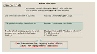 Clinical trials
Oral immunization with GTF capsules Reduced s.mutans for upto 42days
GTF applied topically to buccal mucosa Reduced s.mutans reaccumulation
Transfer of milk antibody specific for whole
s.mutans from mother to infant(breast-
feeding)
Effective if followed till “Window of infectivity”
1st= 19-31months
2nd= 6-12 years
Effect duration was short in young adults(<42days)
Adults- not appropriate for vaccination
Animal experiments
Intravenous immunization  Monkeys caries reduction
Subcutaneous immunization  rats caries reduction
 