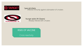 1year old Infants
Effective immunity against colonization of s.mutans
Younger adults (18-23years)
Already infected with s.mutans
RISKS OF VACCINE
Cross reactivity
 
