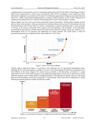 www.sciedu.ca/bmr Business and Management Research Vol. 2, No. 3; 2013
Published by Sciedu Press 92 ISSN 1927-6001 E-ISSN 1927-601X
computerization of a government system or a technology endeavor but a belief in the ability of technology to achieve
high levels of improvement in various areas of government (APT, 2012). Accordingly, various models have been
developed to implement e-government and leverage IT in facilitating organizational change in government business
(Zarei et al., 2008). E-government implementation (or maturity) models primarily use the X and Y dimensions of
complexity and integration levels to illustrate the development as we move from one phase to another.
Figure 2 depicts one of the early e-government models that consist of four phases. The first phase embodies an early
and very basic online presence, where governments start creating websites and use them for informational and very
limited interactions with citizens. Phase two involves creating links to archived information that is easily accessible
to citizens, as for instance, documents, forms, reports, laws and regulations, and newsletters. In the third phase,
governments develop interactive portals that provide online services and aim to enhance online user experience, e.g.,
downloadable forms for tax payments and applications for license renewals. The fourth phase is where all
government transactions are conducted online, and available on a “24/7” basis.
Figure 2. Early e-Government Models
Another model is depicted in Figure 3. It provides a more enhanced view of e-government development stages.
Although the first and second phases are similar to the ones in the earlier diagram, the third and fourth phases are a
little different in the below diagram. The online services provided in the third phase are limited to a single
organization. Services at this stage include not only traditional internet-based services, but are delivered on various
electronic channels, some of which might be considered disruptive, like iPad apps for instance. Services in the fourth
phase are cross boundaries, and involve concepts like a “one-stop-shop” where some kind of collaboration is needed
between government agencies to enable such business models.
Figure 3. e-Government Evolution to Collaboratively Enable Inter-Agency Transactions
 