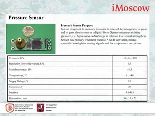 Pressure Sensor
Pressure Sensor Purpose:
Sensor is applied to measure pressure in lines of dry unaggressive gases
and to pass dimensions in a digital form. Sensor measures relative
pressure, i.e. depression or discharge in relation to external atmosphere.
Sensor has primary treatment means (A-to-D converter, micro-
controller) to digitize analog signals and its temperature correction.
Pressures, kPa -10...0...+100
Resolution (low order value), kPa 0,1
Main Inaccuracy, kPa ±0,5
Temperatures, °С 0...+40
Supply Voltage, V 3,3
Current, mA 20
Interface RS-485
Dimensions, mm 50 х 15 х 25
 