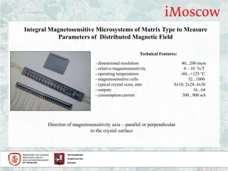Integral Magnetosensitive Microsystems of Matrix Type to Measure
Parameters of Distributed Magnetic Field
Technical Features:
- dimensional resolution 40...200 mcm
- relative magnetosensitivity 4 – 10 %/Т
- operating temperatures -60...+125 С
- magnetosensitive cells 32...1000
- typical crystal sizes, mm 8х10; 2х28; 4х30
- outputs 16...64
- consumption current 300...900 мА
Directon of magnetosensitivity axis – parallel or perpendicular
to the crystal surface
 