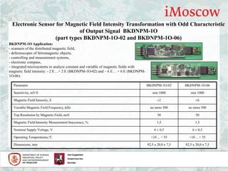 Electronic Sensor for Magnetic Field Intensity Transformation with Odd Characteristic
of Output Signal BKDNPM-1O
(part types BKDNPM-1O-02 and BKDNPM-1O-06)
BKDNPM-1O Application:
- scanners of the distributed magnetic field,
- defectoscopes of ferromagnetic objects,
- controlling and measurement systems,
- electronic compass,
- integrated microsystems to analyze constant and variable of magnetic fields with
magnetic field intensity: - 2 E…+ 2 E (BKDNPM-1O-02) and – 6 E… + 6 E (BKDNPM-
1O-06).
Parameter BKDNPM-1O-02 BKDNPM-1O-06
Sensitivity, mV/E min 1000 min 1000
Magnetic Field Intensity, E ±2 ±6
Variable Magnetic Field Frequency, kHz no more 500 no more 500
Top Resolution by Magnetic Field, mcE 50 50
Magnetic Field Intensity Measurement Inaccuracy, % 1,5 1,5
Nominal Supply Voltage, V 6 ± 0,5 6 ± 0,5
Operating Temperatures,°С +10 ... + 55 +10 ... + 55
Dimensions, mm 92,5 х 20,0 х 7,5 92,5 х 20,0 х 7,5
 