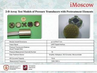 2-D Array Test Models of Pressure Transducers with Pretreatment Elements
Module Overall Dimensions up to Ø18х17 mm
Output Signal UART Digital Interface
Pressure Transducers Distance
(Equal Triangle Side)
2,7 mm
Pressure Measurement Channels Number 19
Data Treatment Device Amplifier, Multiplexor, AD-Converter, Microcontroller
AD-Converter Capacity 16 bit
Measurement Frequency 1000-1500 /с
 