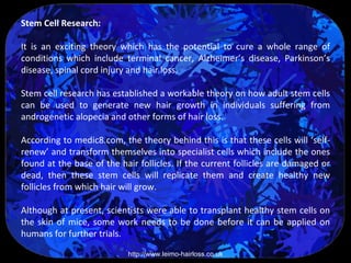 Stem Cell Research:

It is an exciting theory which has the potential to cure a whole range of
conditions which include terminal cancer, Alzheimer’s disease, Parkinson’s
disease, spinal cord injury and hair loss.

Stem cell research has established a workable theory on how adult stem cells
can be used to generate new hair growth in individuals suffering from
androgenetic alopecia and other forms of hair loss.

According to medic8.com, the theory behind this is that these cells will ‘self-
renew’ and transform themselves into specialist cells which include the ones
found at the base of the hair follicles. If the current follicles are damaged or
dead, then these stem cells will replicate them and create healthy new
follicles from which hair will grow.

Although at present, scientists were able to transplant healthy stem cells on
the skin of mice, some work needs to be done before it can be applied on
humans for further trials.

                           http://www.leimo-hairloss.co.uk
 