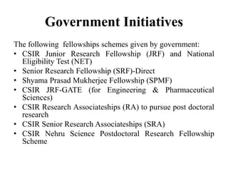 Government Initiatives
The following fellowships schemes given by government:
• CSIR Junior Research Fellowship (JRF) and National
Eligibility Test (NET)
• Senior Research Fellowship (SRF)-Direct
• Shyama Prasad Mukherjee Fellowship (SPMF)
• CSIR JRF-GATE (for Engineering & Pharmaceutical
Sciences)
• CSIR Research Associateships (RA) to pursue post doctoral
research
• CSIR Senior Research Associateships (SRA)
• CSIR Nehru Science Postdoctoral Research Fellowship
Scheme
 