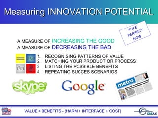 A MEASURE OF   INCREASING THE GOOD   A MEASURE OF   DECREASING THE BAD Measuring INNOVATION POTENTIAL VALUE = BENEFITS - (HARM + INTERFACE + COST) FREE  PERFECT NOW RECOGNISING PATTERNS OF VALUE MATCHING YOUR PRODUCT OR PROCESS LISTING THE POSSIBLE BENEFITS  REPEATING SUCCES SCENARIOS 
