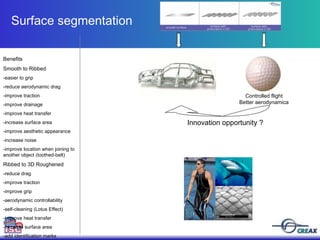 Surface segmentation Benefits Smooth to Ribbed -easier to grip -reduce aerodynamic drag -improve traction -improve drainage -improve heat transfer  -increase surface area -improve aesthetic appearance -increase noise  -improve location when joining to another object (toothed-belt) Ribbed to 3D Roughened -reduce drag -improve traction -improve grip -aerodynamic controllability -self-cleaning (Lotus Effect) -improve heat transfer -increase surface area -add identification marks Controlled flight Better aerodynamica Innovation opportunity ? 