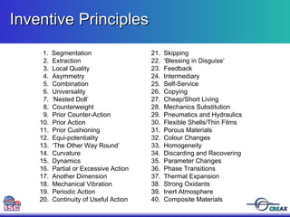 1.  Segmentation 2.  Extraction 3.  Local Quality 4.  Asymmetry 5.  Combination 6.  Universality 7.  ‘Nested Doll’ 8.  Counterweight 9.  Prior Counter-Action 10.  Prior Action 11.  Prior Cushioning 12.  Equi-potentiality 13.  ‘The Other Way Round’ 14.  Curvature 15.  Dynamics 16.  Partial or Excessive Action 17.  Another Dimension 18.  Mechanical Vibration 19.  Periodic Action 20.  Continuity of Useful Action 21.  Skipping 22.  ‘Blessing in Disguise’ 23.  Feedback 24.  Intermediary 25.  Self-Service 26.  Copying 27.  Cheap/Short Living 28.  Mechanics Substitution 29.  Pneumatics and Hydraulics 30.  Flexible Shells/Thin Films 31.  Porous Materials 32.  Colour Changes 33.  Homogeneity 34.  Discarding and Recovering 35.  Parameter Changes 36.  Phase Transitions 37.  Thermal Expansion 38.  Strong Oxidants 39.  Inert Atmosphere 40.  Composite Materials Inventive Principles 
