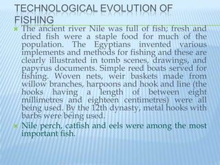 TECHNOLOGICAL EVOLUTION OF
FISHING
   The ancient river Nile was full of fish; fresh and
    dried fish were a staple food for much of the
    population. The Egyptians invented various
    implements and methods for fishing and these are
    clearly illustrated in tomb scenes, drawings, and
    papyrus documents. Simple reed boats served for
    fishing. Woven nets, weir baskets made from
    willow branches, harpoons and hook and line (the
    hooks having a length of between eight
    millimetres and eighteen centimetres) were all
    being used. By the 12th dynasty, metal hooks with
    barbs were being used.
   Nile perch, catfish and eels were among the most
    important fish.
 