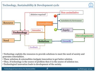 Technology, Sustainability & Development cycle
Non assimilative

Solution required!

Assimilation by Environment

Resource

Externalities
Equity

Innovation

Technology

Development
Need

Solution

Growth

Feedback

• Technology exploits the resources to provide solutions to meet the need of society and
generates externalities.
• These solutions & externalities instigate innovation to get better solution.
• Thus, if technology is the source of problem then it is the source of solution too.
• Technological innovation leads to development of the society.
Technological Innovations for Sustainability

8

19 February 2014

 