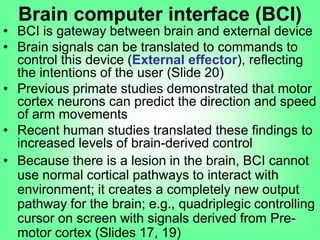 • BCI is gateway between brain and external device
• Brain signals can be translated to commands to
control this device (External effector), reflecting
the intentions of the user (Slide 20)
• Previous primate studies demonstrated that motor
cortex neurons can predict the direction and speed
of arm movements
• Recent human studies translated these findings to
increased levels of brain-derived control
• Because there is a lesion in the brain, BCI cannot
use normal cortical pathways to interact with
environment; it creates a completely new output
pathway for the brain; e.g., quadriplegic controlling
cursor on screen with signals derived from Pre-
motor cortex (Slides 17, 19)
Brain computer interface (BCI)
 