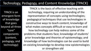 Technology, Pedagogy, and Content Knowledge (TPACK)
TPACK is an
emergent form
of knowledge
that goes
beyond all three
“core”
components
(content,
pedagogy, and
technology)
TPACK is the basis of effective teaching with
technology, requiring an understanding of the
representation of concepts using technologies;
pedagogical techniques that use technologies in
constructive ways to teach content; knowledge of
what makes concepts difficult or easy to learn and
how technology can help redress some of the
problems that students face; knowledge of students’
prior knowledge and theories of epistemology; and
knowledge of how technologies can be used to build
on existing knowledge to develop new epistemologies
or strengthen old ones.
 