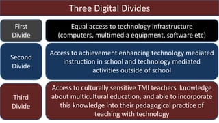 Three Digital Divides
First
Divide
Equal access to technology infrastructure
(computers, multimedia equipment, software etc)
Second
Divide
Access to achievement enhancing technology mediated
instruction in school and technology mediated
activities outside of school
Third
Divide
Access to culturally sensitive TMI teachers knowledge
about multicultural education, and able to incorporate
this knowledge into their pedagogical practice of
teaching with technology
 