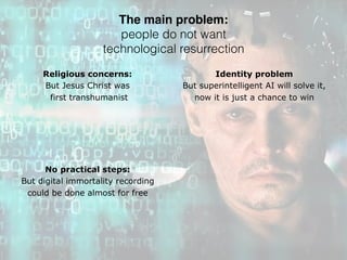 The main problem:
people do not want
technological resurrection
Religious concerns:
But Jesus Christ was
first transhumanist
Identity problem
But superintelligent AI will solve it,
now it is just a chance to win
No practical steps:
But digital immortality recording
could be done almost for free
 
