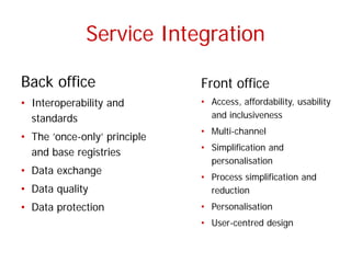 Service Integration 
Back office 
• 
Interoperability and standards 
• 
The ’once-only’ principle and base registries 
• 
...