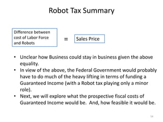 Robot Tax Summary
54
Difference between
cost of Labor Force
and Robots
Sales Price=
• Unclear how Business could stay in business given the above
equality.
• In view of the above, the Federal Government would probably
have to do much of the heavy lifting in terms of funding a
Guaranteed Income (with a Robot tax playing only a minor
role).
• Next, we will explore what the prospective fiscal costs of
Guaranteed Income would be. And, how feasible it would be.
 