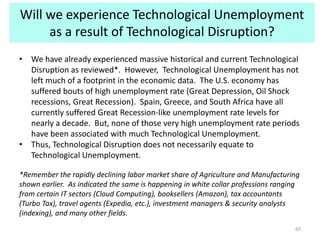 Will we experience Technological Unemployment
as a result of Technological Disruption?
65
• We have already experienced massive historical and current Technological
Disruption as reviewed*. However, Technological Unemployment has not
left much of a footprint in the economic data. The U.S. economy has
suffered bouts of high unemployment rate (Great Depression, Oil Shock
recessions, Great Recession). Spain, Greece, and South Africa have all
currently suffered Great Recession-like unemployment rate levels for
nearly a decade. But, none of those very high unemployment rate periods
have been associated with much Technological Unemployment.
• Thus, Technological Disruption does not necessarily equate to
Technological Unemployment.
*Remember the rapidly declining labor market share of Agriculture and Manufacturing
shown earlier. As indicated the same is happening in white collar professions ranging
from certain IT sectors (Cloud Computing), booksellers (Amazon), tax accountants
(Turbo Tax), travel agents (Expedia, etc.), investment managers & security analysts
(indexing), and many other fields.
 