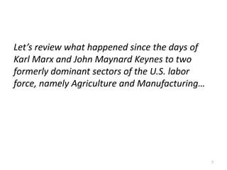 Let’s review what happened since the days of
Karl Marx and John Maynard Keynes to two
formerly dominant sectors of the U.S. labor
force, namely Agriculture and Manufacturing…
7
 