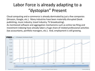 Labor Force is already adapting to a
“dystopian” Present
71
Cloud computing and e-commerce is already dominated by just a few companies
(Amazon, Google, etc.). Many industries have been materially disrupted (book
publishing, music industry, travel industry, TV broadcasting).
As mentioned software and aggregation mechanisms such as online tax filing and
investment indexing have already taken a huge share of related professional activities
(tax accountants, portfolio managers, etc.). And, employment is still growing.
 