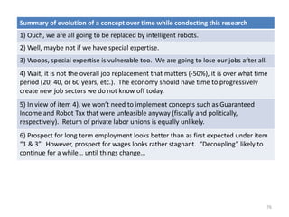 76
Summary of evolution of a concept over time while conducting this research
1) Ouch, we are all going to be replaced by intelligent robots.
2) Well, maybe not if we have special expertise.
3) Woops, special expertise is vulnerable too. We are going to lose our jobs after all.
4) Wait, it is not the overall job replacement that matters (-50%), it is over what time
period (20, 40, or 60 years, etc.). The economy should have time to progressively
create new job sectors we do not know off today.
5) In view of item 4), we won’t need to implement concepts such as Guaranteed
Income and Robot Tax that were unfeasible anyway (fiscally and politically,
respectively). Return of private labor unions is equally unlikely.
6) Prospect for long term employment looks better than as first expected under item
“1 & 3”. However, prospect for wages looks rather stagnant. “Decoupling” likely to
continue for a while… until things change…
 