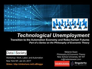 Workshop: Work, Labor, and Automation
New York NY, Jan 23, 2017
Slides: http://slideshare.net/LaBlogga
Bitcoin and Automation Economy
Melanie Swan
Philosophy & Economic Theory
New School University, NY NY
m@melanieswan.com
Technological Unemployment
Transition to the Automation Economy and Robo-human Futures
Part of a Series on the Philosophy of Economic Theory
cryptophilosophy
 