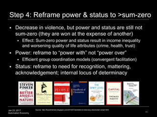 Jan 23, 2017
Automation Economy
Step 4: Reframe power & status to >sum-zero
 Decrease in violence, but power and status a...