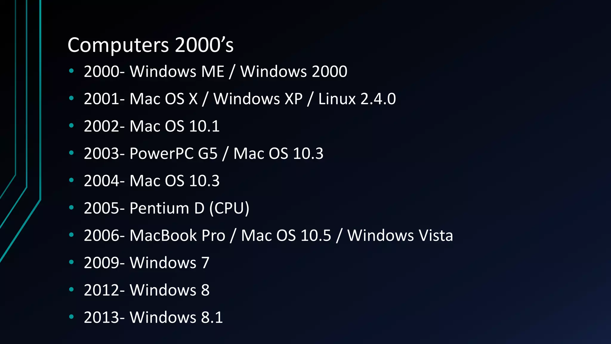 Computers 2000’s
• 2000- Windows ME / Windows 2000
• 2001- Mac OS X / Windows XP / Linux 2.4.0
• 2002- Mac OS 10.1
• 2003- PowerPC G5 / Mac OS 10.3
• 2004- Mac OS 10.3
• 2005- Pentium D (CPU)
• 2006- MacBook Pro / Mac OS 10.5 / Windows Vista
• 2009- Windows 7
• 2012- Windows 8
• 2013- Windows 8.1
 