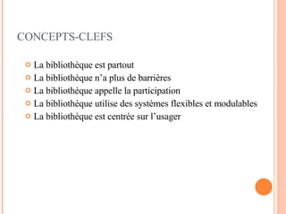 CONCEPTS-CLEFS La bibliothèque est partout La bibliothèque n’a plus de barrières La bibliothèque appelle la participation La bibliothèque utilise des systèmes flexibles et modulables La bibliothèque est centrée sur l’usager 