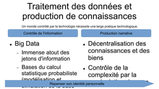 Traitement des données et
production de connaissances
Contrôle de l'information Production narrative
 Big Data
 Immense atout des
jetons d'information
 Bases du calcul
statistique probabiliste
(modélisation et
simulation de la base
 Décentralisation des
connaissances et des
biens
 Contrôle de la
complexité par la
manipulation du sens
Un monde contrôlé par la technologie nécessite une large pratique technologique.
Repenser son identité personnelle
 